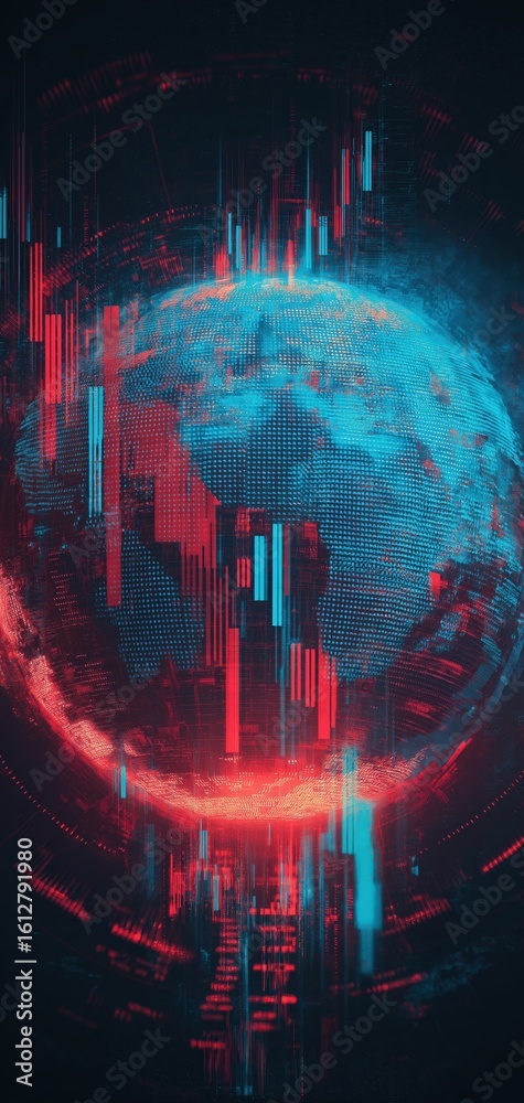 Wall mural a digital globe surrounded by red and blue vertical light bars, representing data flow and technolog