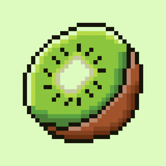 Fototapeta premium Fresh-looking sliced kiwi fruit icon designed in a charming retro pixel art style. This 8-bit illustration shows the vibrant green flesh, white core, and black seeds of the exotic fruit