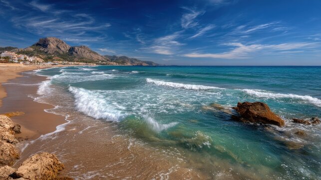 Waves gently crash onto the sandy shore, while the sun illuminates a picturesque coastline. Mountains rise in the background, and clear blue skies enhance the serene ambiance.