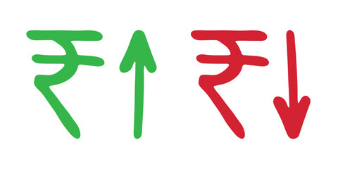 Hand drawn rupee currency symbol Growth and fall profit with arrow up and down Brush stroke doodle Element for design