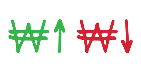 Hand drawn won currency symbol Growth and fall profit with arrow up and down Brush stroke doodle Element for design