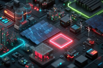 A futuristic circuit board with glowing neon elements, microchips, and digital components, representing advanced technology and data processing.