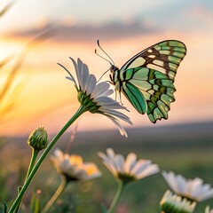Butterfly resting on a colorful flower in a garden during spring summer
