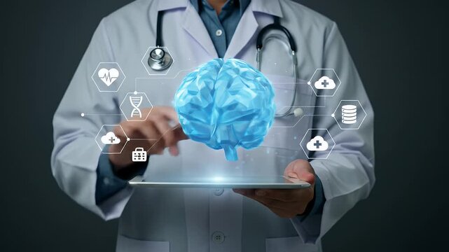 Doctor Analyzing Digital Brain Scan on Tablet for Medical Diagnosis - Powered by Adobe