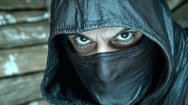 Woman wearing a dark hood and face covering with intense eyes, creating a mysterious and secretive atmosphere