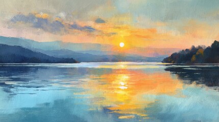 Naklejka premium A stunning sunset casts vibrant colors over a tranquil lake. The sky transitions from orange to blue, with mountains reflecting in the calm water, creating a peaceful atmosphere.