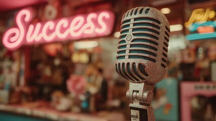 A vintage style stainless steel podcaster microphone with neon "Success" sign, radiating joy and excitement. The atmosphere is electric.