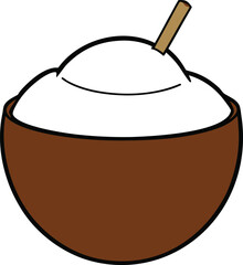 Delicious coconut flavored ice cream served in a natural shell bowl on a clean white background