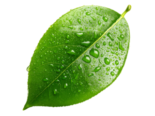 Vibrant green leaf with water droplets isolated on black background, Isolated On White Background, Png Transparent