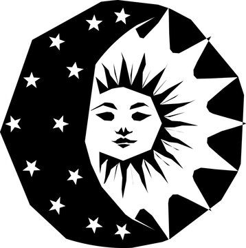 Celestial Duality Graphic with Crescent Moon, Radiant Sun, and Polygon Frame
