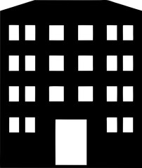 Simple black silhouette of modern multi-story building with windows and entrance