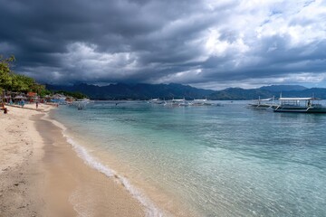Obraz premium Tropical beach scene under a stormy sky