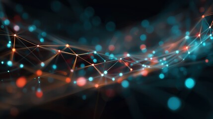 Abstract digital network with interconnected points and glowing lines forming a futuristic web of data and technology in a dark background.