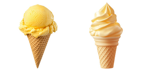 Set of a Yellow ice cream in a cone, isolated on transparent background.