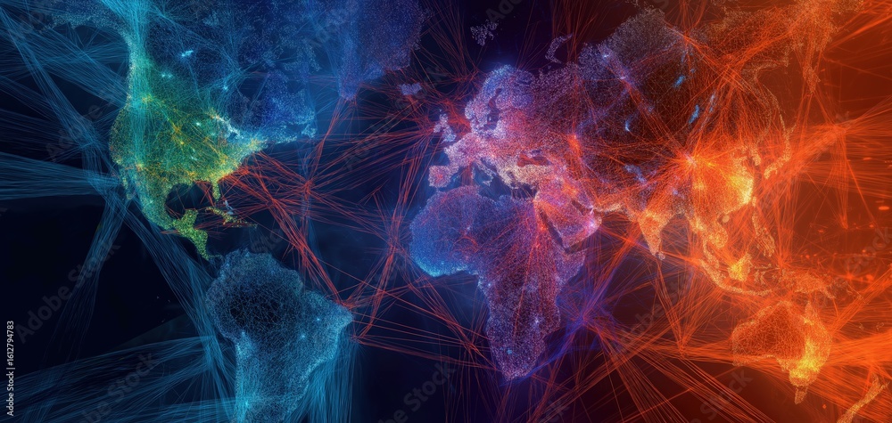 Poster a digital world map with glowing interconnected network lines illustrating global data exchange and 