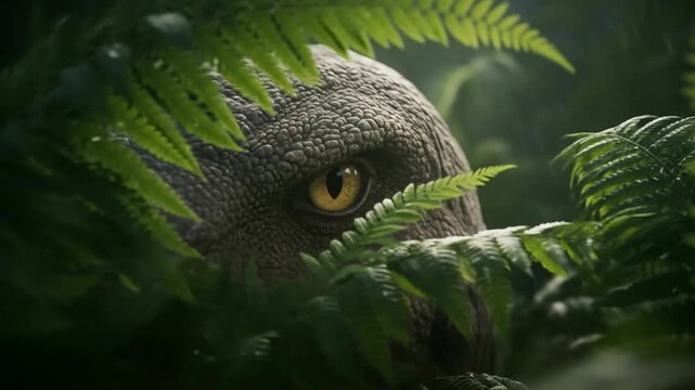 Dinosaur Eye Hidden in Ferns with Soft Lighting and Dust
