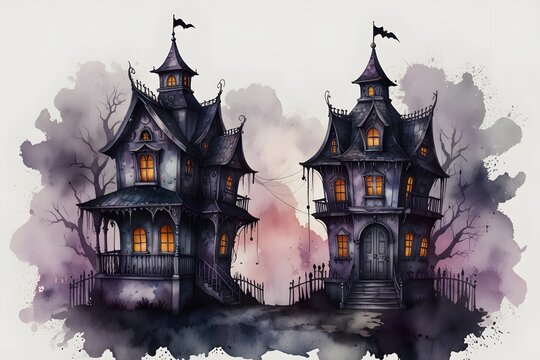 Creepy carnival funhouse in watercolor style
