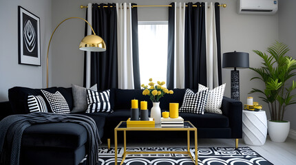 luxurious living room interior design with black and white theme 