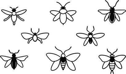 Minimal Line Icon Set: Flying Insects Collection - Bees, Flies, Moths, and More