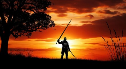 Warrior With A Sword Against A Fiery Sunset