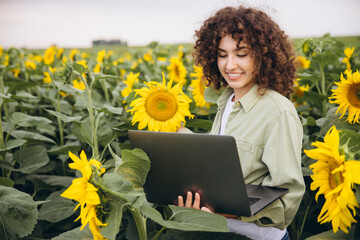 Agronomist using laptop in sunflower field for sustainable agriculture