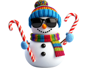 Funny Snowman Wearing Sunglasses and Beanie Hat, isolated on transparent background PNG