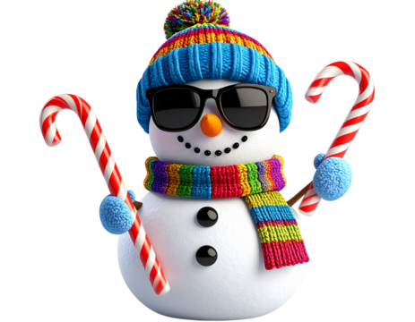 Funny Snowman Wearing Sunglasses and Beanie Hat, isolated on transparent background PNG - Powered by Adobe