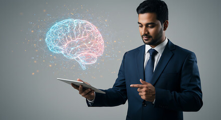 A man in a suit points at a digital brain hologram floating above a tablet he is holding, against a gray background.