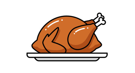Flat icon illustration of roasted turkey on plate, bold outline, isolated on white