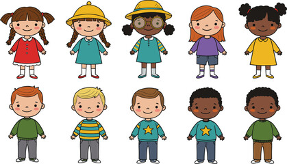 Diverse Group of Happy Cartoon Kids in Colorful Outfits – Adorable Vector Characters for Education, Childhood, and Lifestyle Themes
