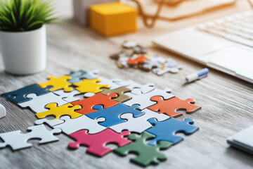 Fototapeta premium A modern office desk with a partially completed jigsaw puzzle, each piece representing different