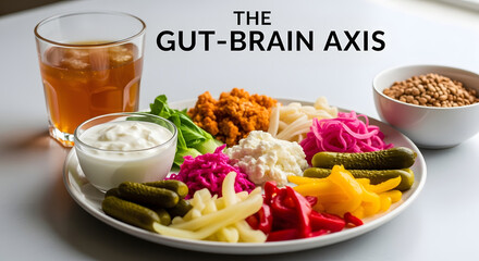 A plate of probiotic-rich foods illustrates the connection of the Gut-Brain Axis for health and wellness.