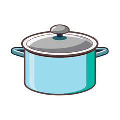 A turquoise cooking pot with a gray lid, brown rim, two side handles, and a small knob on top for lifting the cover.
