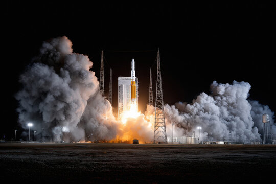 a rocket launch amid a frenzy of smoke and flames