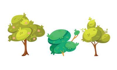 Vibrant and Colorful Cartoon Trees and Bushes Perfect for a Variety of Creative Projects