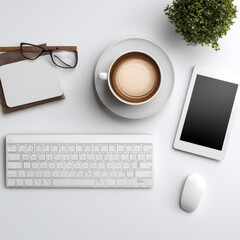 Minimalist workspace with coffee, tablet, keyboard, and mouse