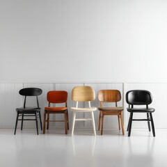 Obraz premium Five assorted chairs arranged in a row, showcasing a range of colors and designs