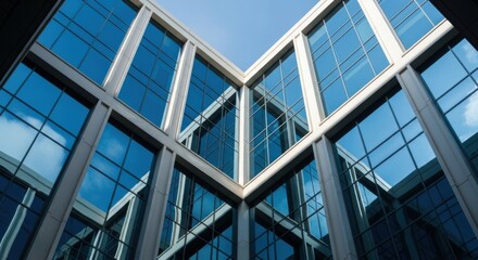 Modern architectural design with reflective blue glass facade and geometric structure