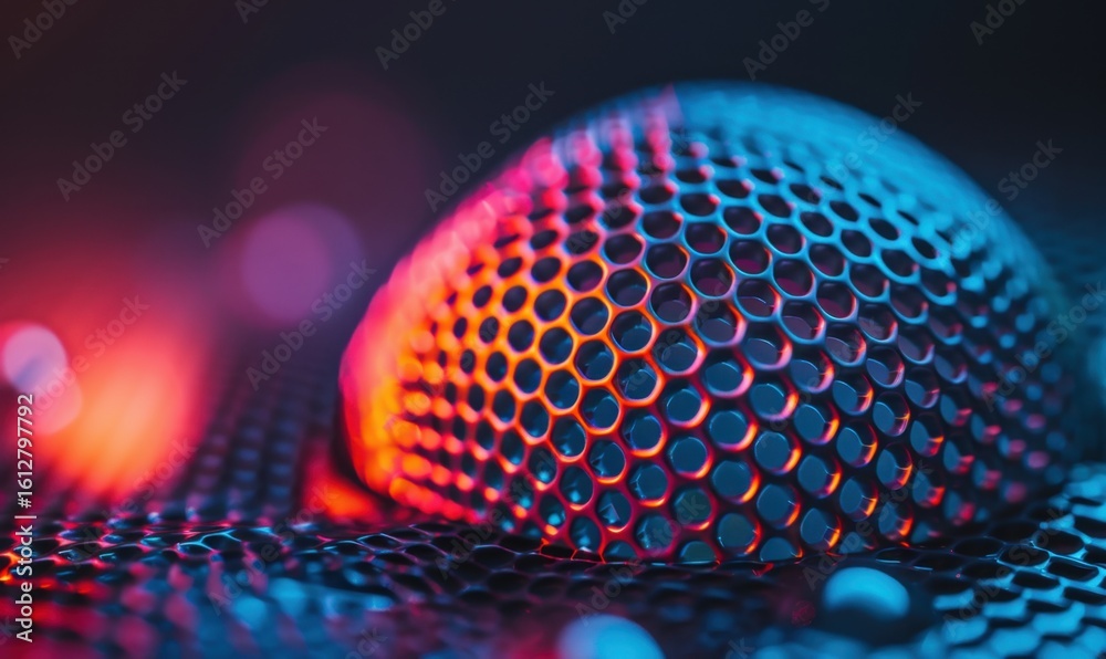 Wall mural abstract close up of hexagonal mesh pattern with vibrant red and blue lighting