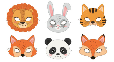 Set of cute cartoon animal face masks for children's parties. Includes lion, tiger, rabbit, fox, and panda characters.