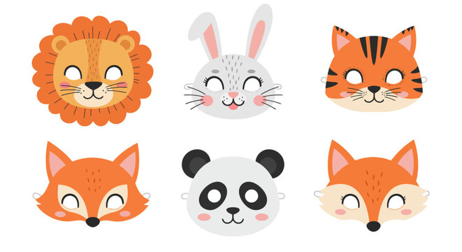 Set of cute cartoon animal face masks for a children's costume party. Vector illustration props with lion, tiger, panda, fox, and rabbit.