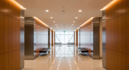 Modern office hallway with sleek design and natural light