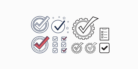 Print  Checkmark icon set, approved symbol, checked checkbox mark, editable line stroke. Vector illustration