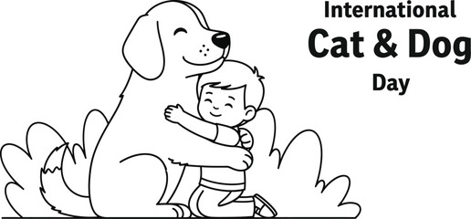 Vector art of a cute cartoon illustration depicts a young boy hugging a happy dog in celebration of international cat and dog day, isolated on white background