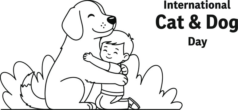 Vector art of a cute cartoon illustration depicts a young boy hugging a happy dog in celebration of international cat and dog day, isolated on white background