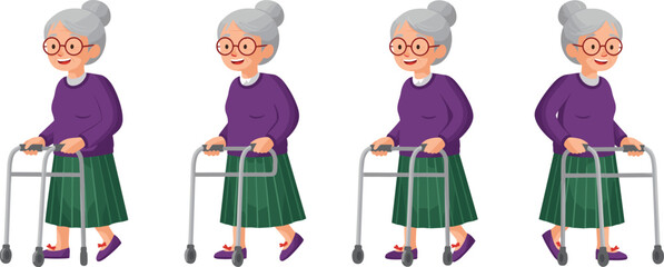 Happy Elderly Woman Cartoon Character Using Walker – Active Senior Lady in Motion for Healthcare, Animation, and Lifestyle Concepts