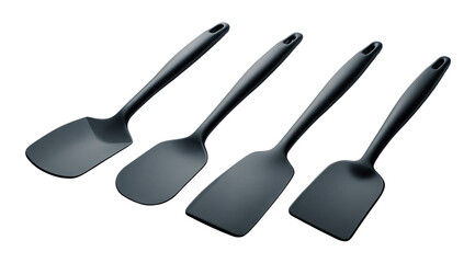 Four black silicone kitchen spatulas of varying sizes, arranged in a row, against a plain black background