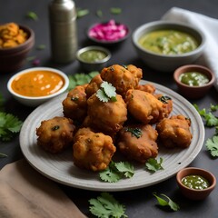 Fototapeta premium Isolated Basin Pakora, Popular indian street food snack called potato pakoda on wooden background