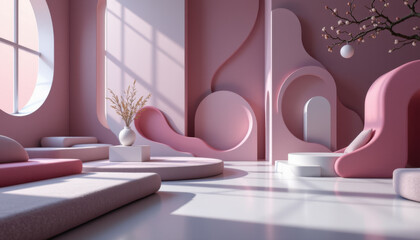 Modern interior design featuring soft pink tones, curved shapes, and minimalist furniture creates serene atmosphere. Natural light enhances space, highlighting elegant decor and inviting ambiance