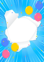 穴の空いた紙の背景フレーム、風船、紙吹雪、集中線のデコレーション、サンバースト、縦向き